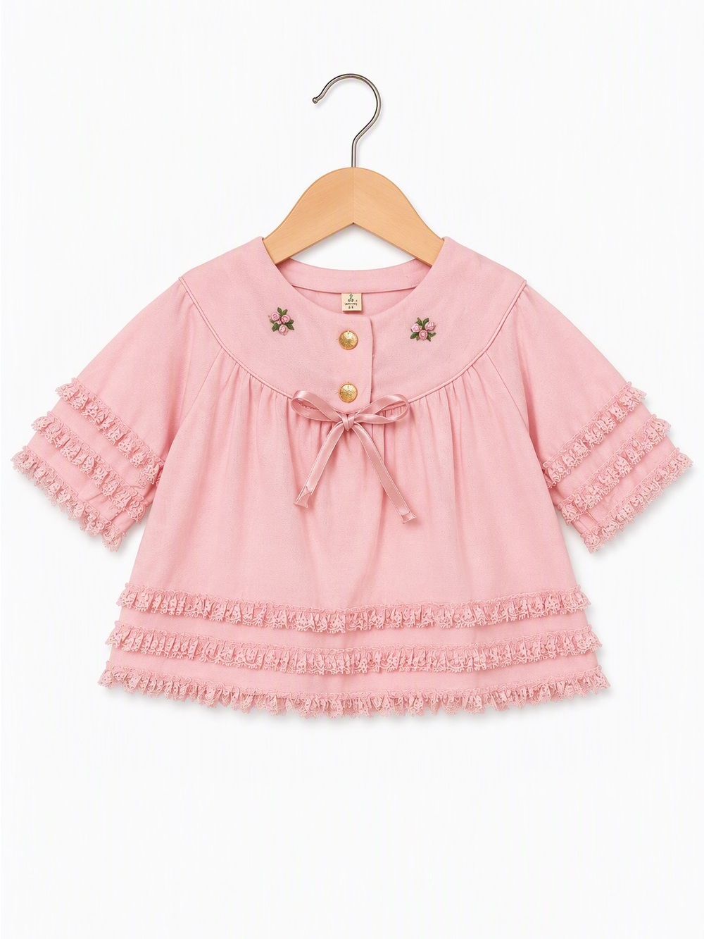 Vintage 90s Canada Made Pink Bullion Rose Tiered Scalloped Lace Ruffle Blouse 4Y
